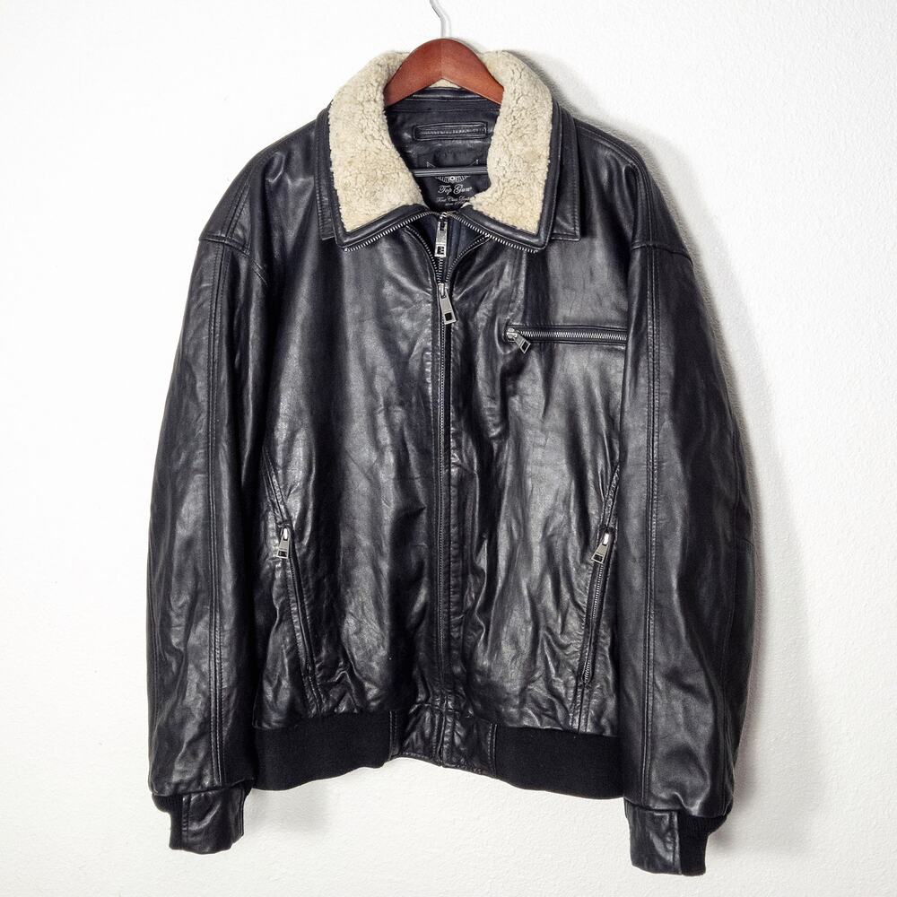 Top Gun Leather Bomber Jacket Black Size 3XL Heritage Aviator Sherpa